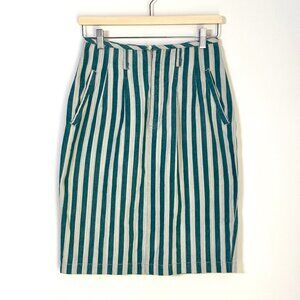 Vintage 80s Esprit Sport Denim Pencil Skirt Vertical Stripe Green White Pockets